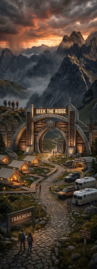 Seek The Ridge Epic Fantasy Adventure Theme Park concept showing Gearhall Cave, Bunker Camp, Gumberg Castle and roller coaster
